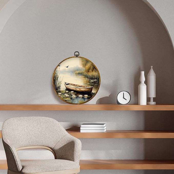 CUANFDDSF Vintage Rustic Farmhouse Round Wall Art, Nature Rowboat on Pond Framed Hanging Wall Decor, Cottagecore Lakeside Landscape Canvas Prints Decorations for Home Bedroom Living Room, 10x10 Inch