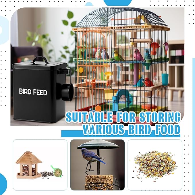 2 Pcs Metal Bird Seed Container with Scoop, Bird Feed Storage Container with Fitted Lid, Farmhouse Style Ideal Gift for Birds and Pet Owners(Black)