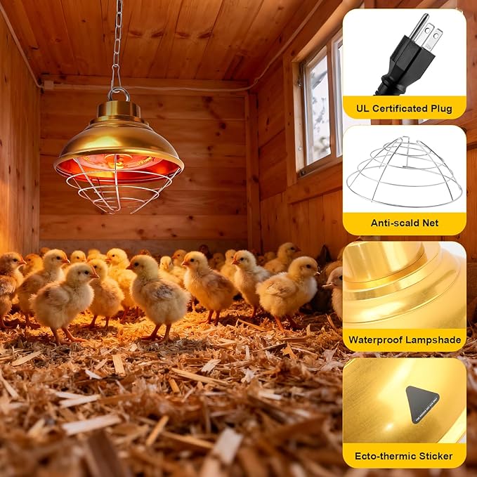 Chicken Heat Lamp Carbon Fiber Tube Brooder Heater Lamps for Chicks,Adjustable 2 Temperature Hanging Chicken Warmer for Livestock Dog Kennel,Cat House,Round 175W/350W