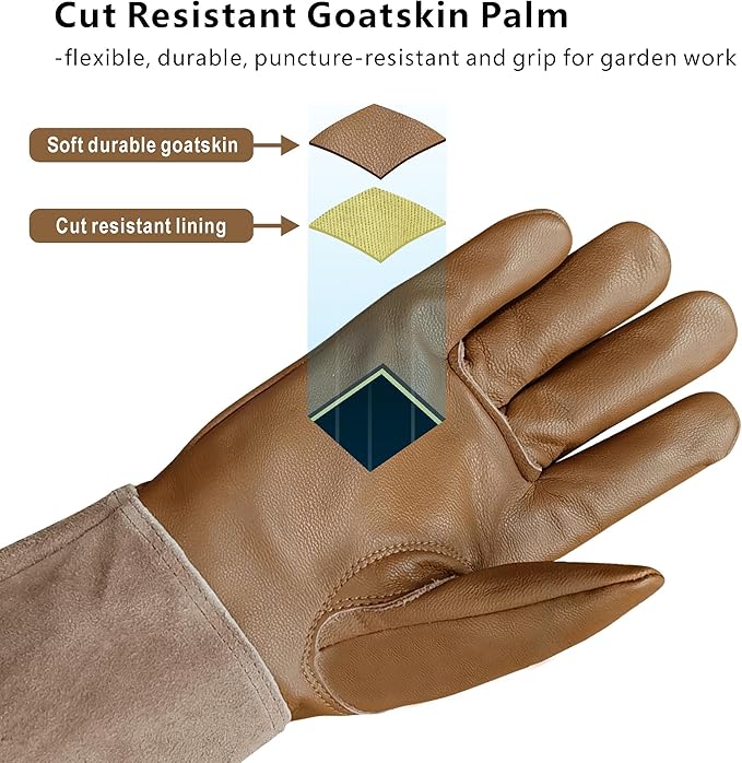 Leather Gardening Gloves – Goatskin Palm & Cowhide Cuff, Thorn-Resistant Long Garden Work Gloves