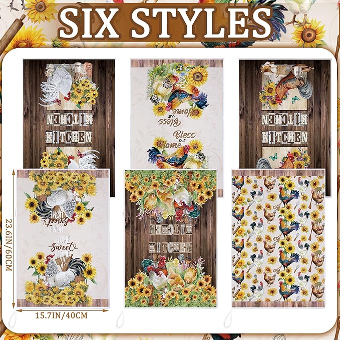 Bencailor 6 Pcs Farmhouse Kitchen Towels Chicken Rooster Kitchen Decor Farm Animal Hand Towels for Cooking Baking Housewarming Gift,15.75 x 23.62 inch(Multicolor,Sunflower Rooster)