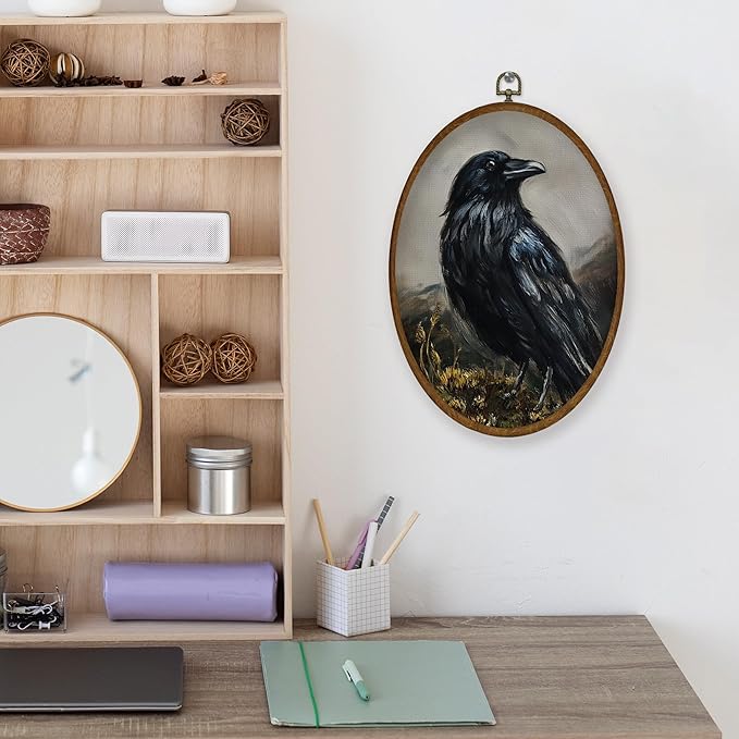 WULQYING Vintage Halloween Crow Wall Art Decor, Gothic Moody Bird Oval Framed Canvas Art Prints, Dark Academia Cottagecore Raven Wall Hanging Decor for Home Bedroom Living Room, 8.6x11.4 Inches