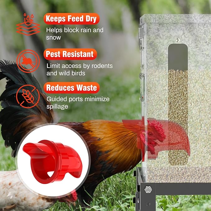 40LB Metal Chicken Feeder for Outdoor Coop, Galvanized Automatic Poultry Feeder with 6 Ports, Double Viewing Windows, Weatherproof Large Chicken Feed Container with Lid & Legs