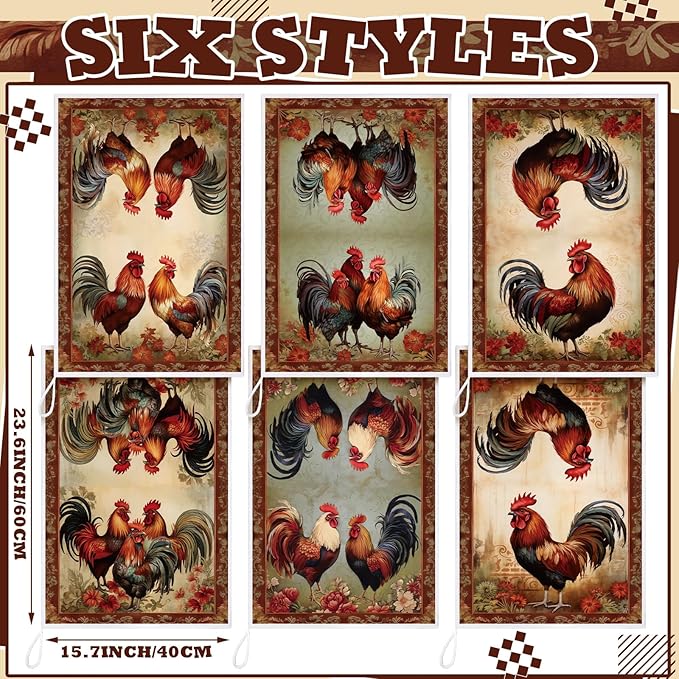 Bencailor 6 Pcs Farmhouse Kitchen Towels Chicken Rooster Kitchen Decor Farm Animal Hand Towels for Cooking Baking Housewarming Gift,15.75 x 23.62 inch(Rust Red,Retro Rooster)