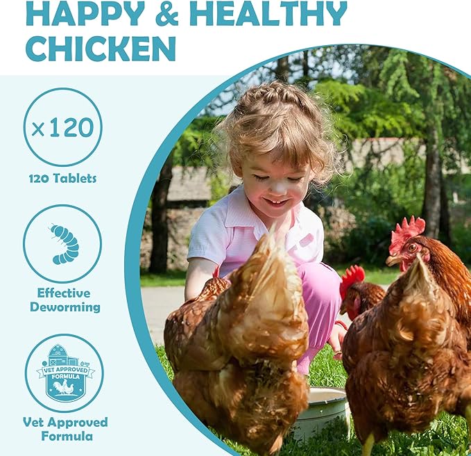 Chicken Dewormer - 120 Tablets All-Natural Formula, US-Made Chicken Dewormer Supplies For All Ages and Sizes to Relieve and Prevent Worms in Laying Hens, Chicks, Roosters, Turkeys, and Other Poultry