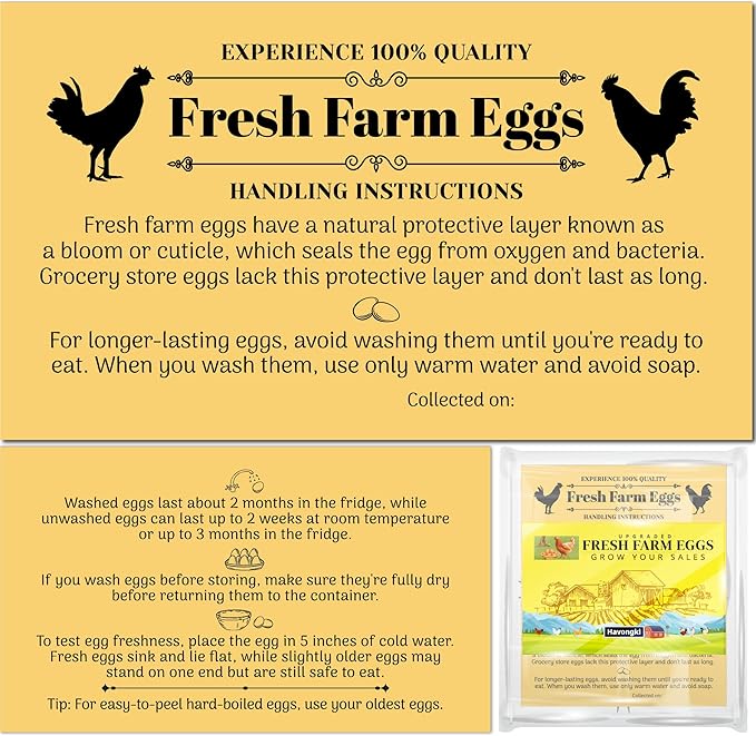 100 Pack Premium Fresh Farm Eggs Handling Instructions Care Accessories Cards Labels | Egg Blank Cartons 4 6 12 15 18 30 48 50 Count Basket Box Container Storing Extra Organizer -M10CH100