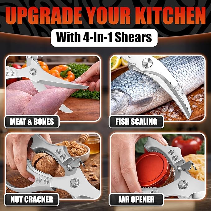 Stainless Steel Poultry Shears – Heavy Duty Kitchen Shears for Food with Hardened Blades, One-Hand Safety Lock, Spring Mechanism, Dishwasher Safe – Chicken, Meat Cutting, Turkey, Fish, and Vegetables