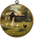 Hiuwevt Vintage Farmhouse Round Wall Art Decor, Cottagecore Country Framed Canvas Prints, Rustic Chicken Round Wall Hanging Decor for Kitchen Home Bedroom Decorations, 10x10 Inches