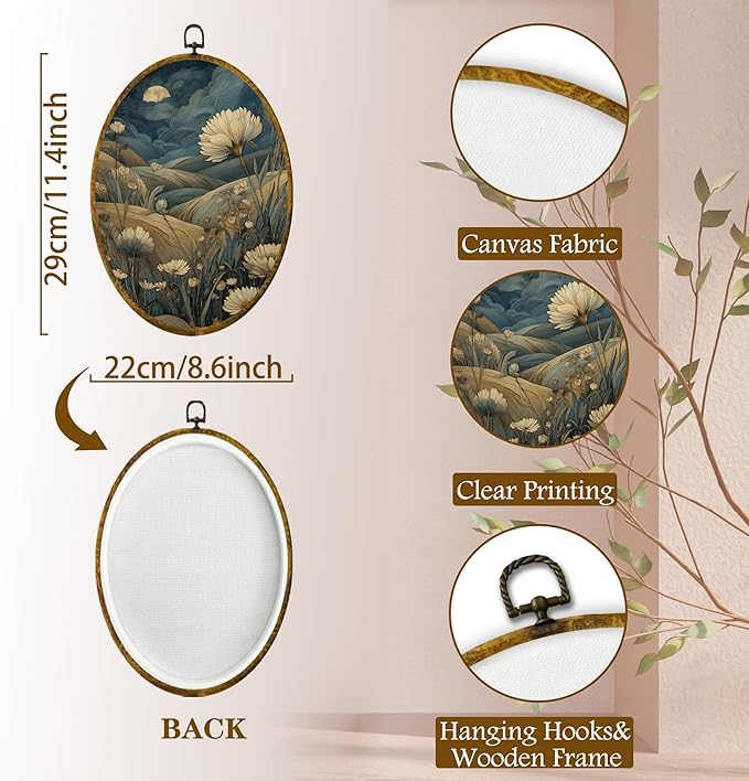shiviody Vintage Floral Canvas Wall Art Decor, Retro Country French Gallery Wall Art, Antique Flower Nature Dark Botanical Oval Hanging Frame Prints Decorations for Living Room Bedroom Kitchen 8.6"x11.4"