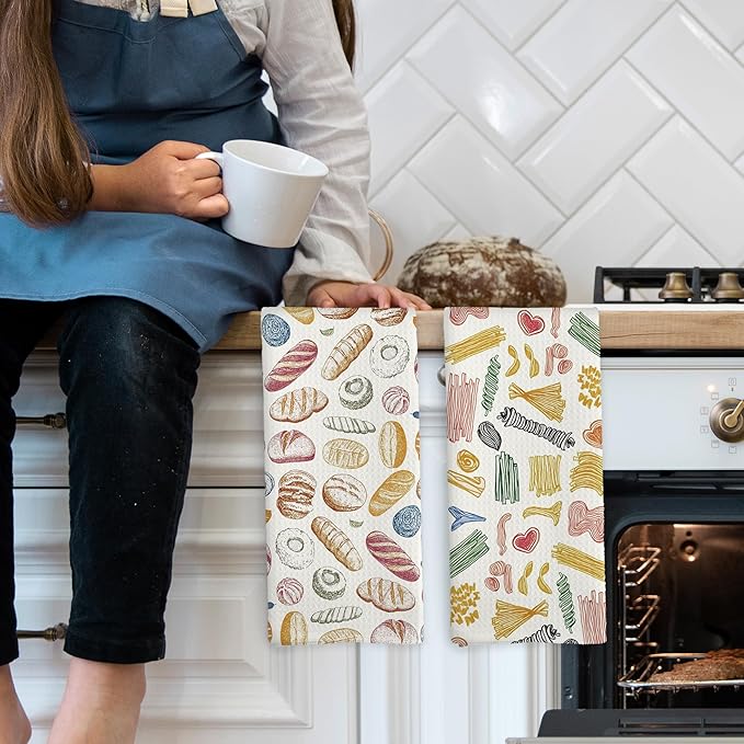 Pasta and Bread Food Kitchen Towels Set of 2, Bread Pasta Lovers Minimal Dining Room Decor Hand Towel, Kitchen Sets for Home Decorations Tea Towel Dish Towels 16x24 Inch