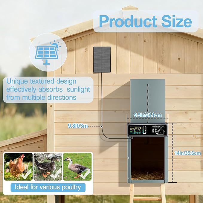 Solar Powered Automatic Chicken Coop Door with Remote Control – Smart Anti-Pinch Safety, Color LCD Display, Heavy-Duty Aluminum, All-Weather Operation (Light Blue)
