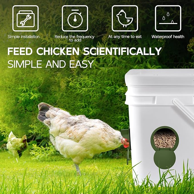 Chicken Feeder Port 12 Pack Poultry No Waste Port Kit with Stopper Lid, 1 Hole Saw, DIY Automatic Reusable Coop Feeder, Rain Proof Gravity Feeding Geese Duck Hens Rooster for Bucket Barrel Bin (Green)