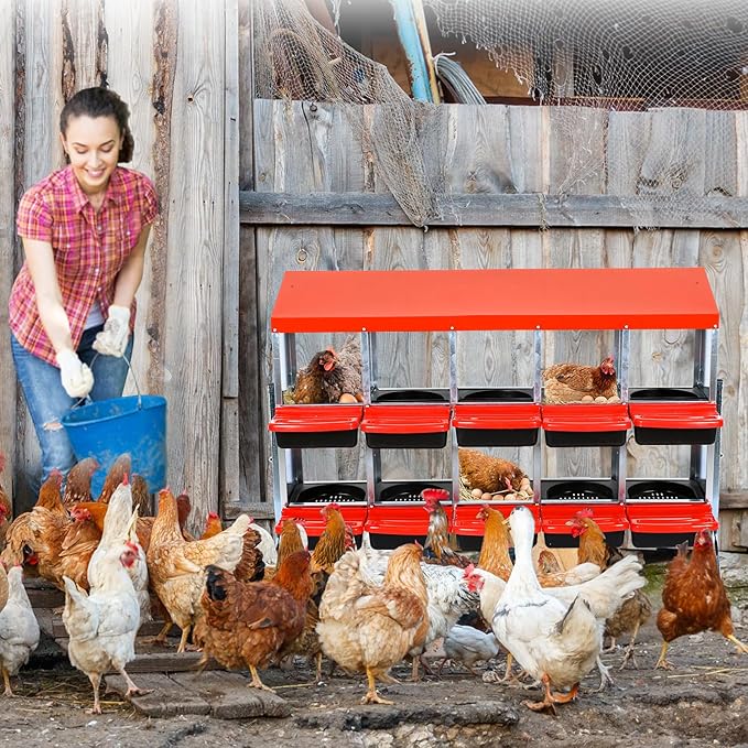10-Hole Chicken Nesting Box, Roll Away Nest with Removable Tray, Easy Egg Collection & Cleaning, Wall-Mount Nesting Boxes for Hens, Chicken Coop - Red