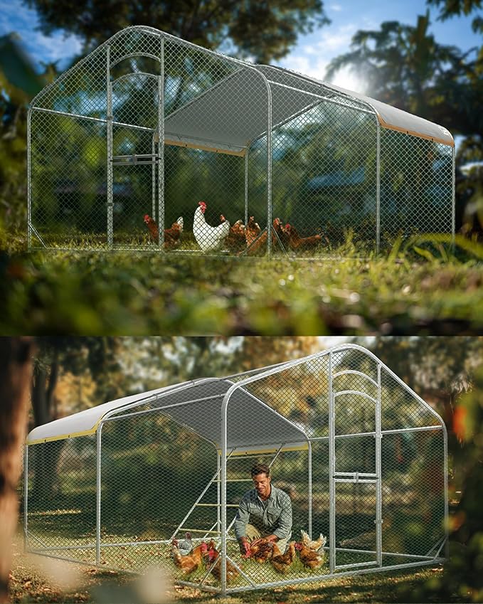 Large Metal Chicken Coop, Outdoor Chicken Run, Backyard Chicken Coops with Secure Lock and Weatherproof Cover for Chickens and Small Animals (12.6FT with Ladder)
