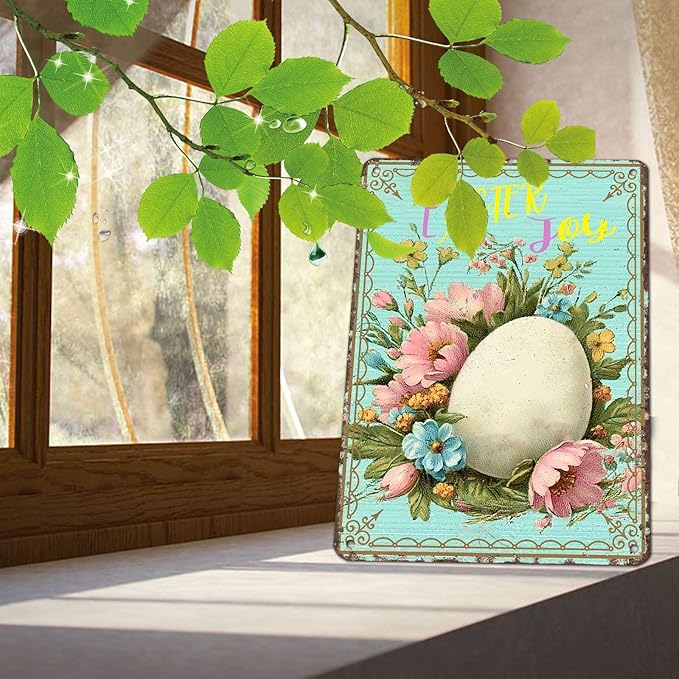 Easter Egg Retro Tin Sign Fun Metal Sign “Easter Joy” For Home Living Room Garden Yard Outdoor Wall 12X16Inch