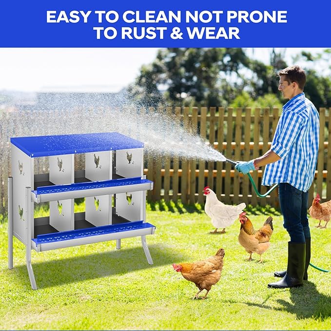 Removable Tray & Two-Tier Build - Chicken Nesting Box for Small Animals - 6 Compartments, Roll Away Metal Egg Laying Box, Large Vented Holes, Wall Mount or with Legs, Easy Clean - Blue, 84.5cm