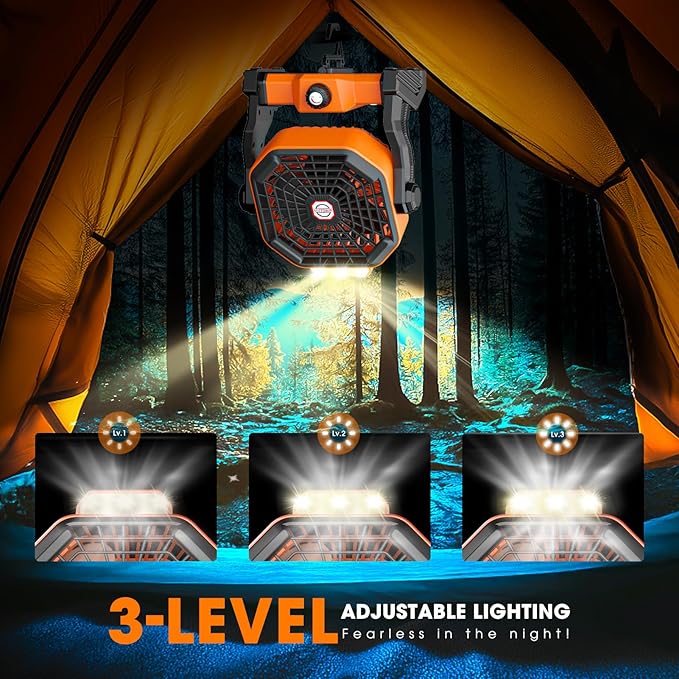 Drchop Solar Camping Fan, 【Max 60H Runtime】 10W Solar Powered Fans with Solar Panel, Rechargeable Fan & Led Lantern, Battery Operated Powered Outdoor Tent Fans for Camping Summer Essentials (Orange)