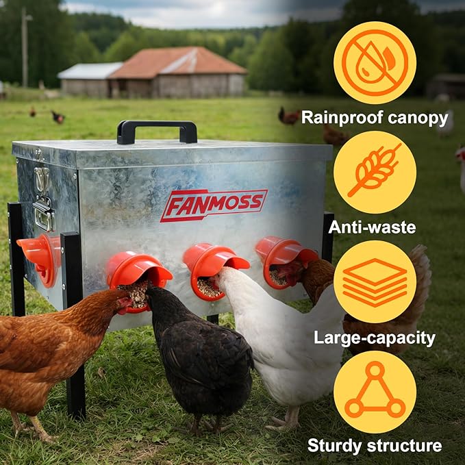 60lb Automatic Chicken Feeder, 8 Ports No Waste Chicken Feeder with Locking Lid, Adjustable Legs & Waterproof Silo, Large Metal Poultry Feeder for Hens, Ducks, Geese, Poultry