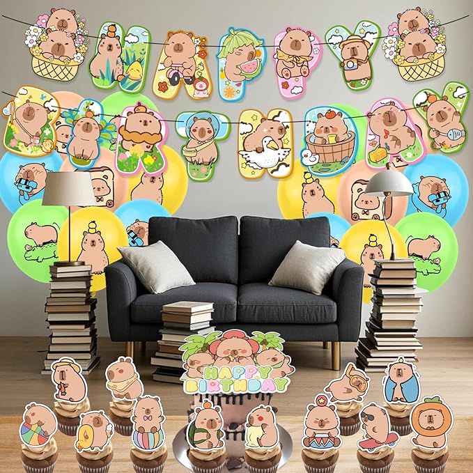 Cartoon Happy Birthday Banner Balloons Cupcake Toppers Birthday Decorations for Capybara Theme Party Decor Supplies