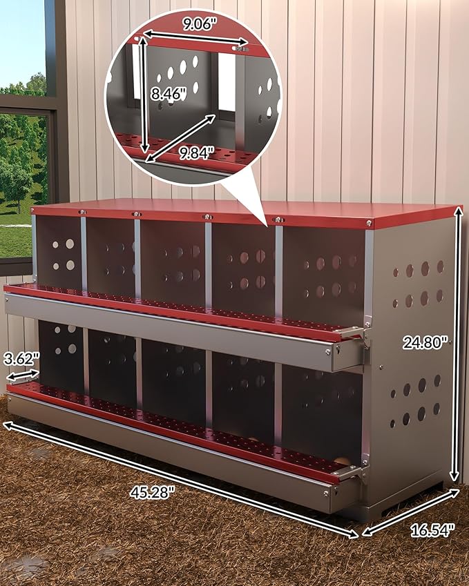 10-Hole Galvanized Metal Chicken Nesting Box with Egg Collection Tray/Fake Training Eggs, Rustproof Poultry Laying Box with Perch Rod,for Chicken Coops and Hens