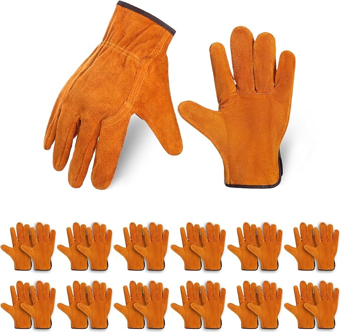 12 Pairs Leather Work Gloves Cowhide Leather Gardening Gloves with Reinforced Palm and Elastic Band, Thick Leathers Glove for Men Women Construction, Wood Cutting, Driving, Automotive Repair (Yellow)
