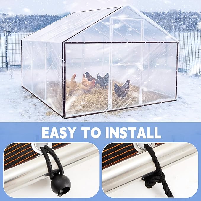 VitalCozy 2 Pcs Chicken Coop Cover 10 x 3.3 ft Waterproof Clear Tarp Heavy Duty PVC Vinyl Chicken Run Cover Coop Accessories for Outdoor Winter with 30 Pcs Ball Bungees Cords