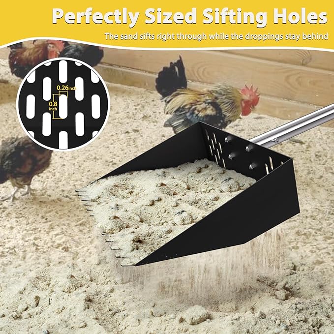 Chicken Poop Scooper - 2-in-1 Chicken Coop Scoop & Rake,65inch Adjustable Long Handle Chicken Scooper for Poop with Grip, Sifting Litter Shovel Scoop for Chicken Coop,Goat Stall and Stable Cleaning