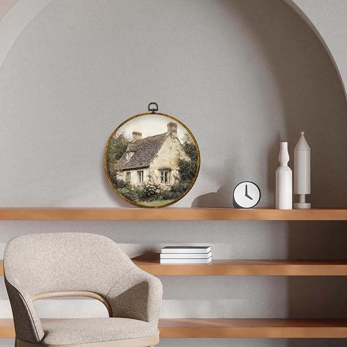 CUANFDDSF Vintage Rustic Countryside Round Wall Art, Retro Farmhouse Framed Hanging Wall Decor, Cottagecore Antique Country Landscape Canvas Prints Decorations for Home Bedroom Living Room, 10x10 Inch