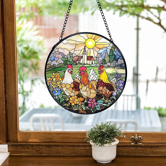 TNUW Chicken Flower Stained Glass Window Hanging, Rustic Farmhouse Chicken Flower Garden Sun Catchers Indoor Window Glass Round Wall Art Decor, Farm Animal Wall Hanging Decorations, 7.9＂x7.9＂
