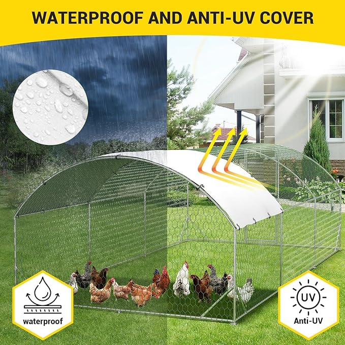 Large Metal Chicken Coop, Walk-In Poultry Cage, Chicken Run Pen House With Reinforcement & Waterproof & Anti-Ultraviolet Cover Chicken Coop Run With Double Lockable Doors for Outdoor 9.8 x 19.7X 6.6ft