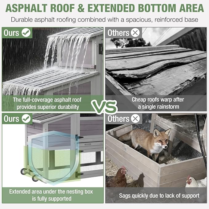 Mobile Chicken Coop with Wheels for 4-6 Chickens, Large Wooden Hen House Expandable Duck Cage with Run, 2 Nesting Boxes, Easy Clean Pull-Out Tray, Waterproof Asphalt Roof (Grey)