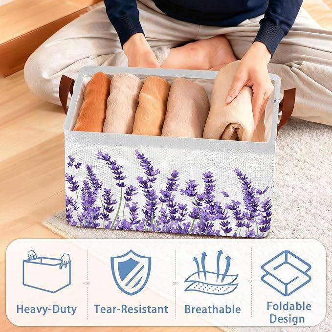 Lavender Storage Baskets,Foldable Organizer Bin with Handles for Home Living Room Bedroom Closet Box 17x11.5x10Inch
