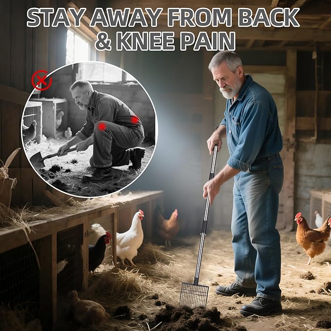 PUPTECK 3-in-1 Chicken Poop Scooper - Adjustable Long Handle Poop Scooper with Deep Shovel, Detachable Heavy Duty Shovel Multifunctional Chicken Cleaning Tool Coop Accessories(20"-40")