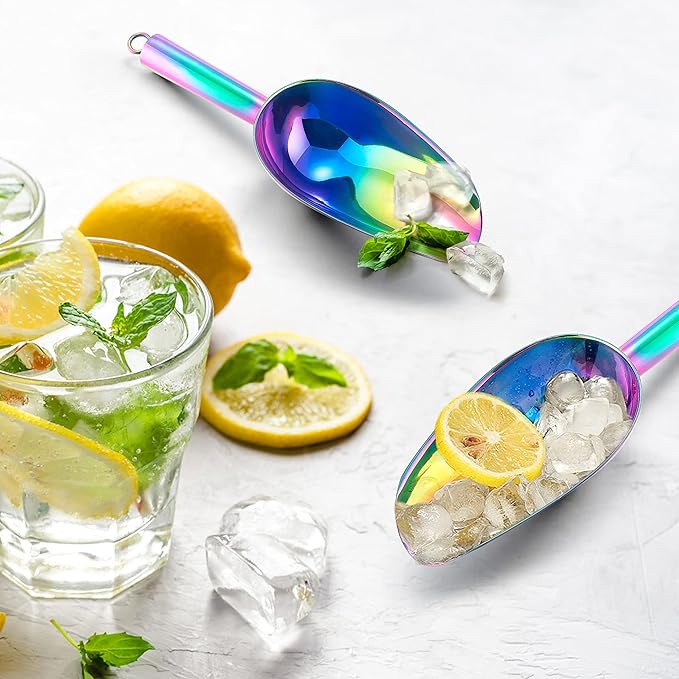 Mini Ice Scoop Set of 4, E-far 3 Ounce Rainbow Stainless Steel Scoops for Candy/Flour/Sugar, Small Metal Scoops for Party/Canisters Jars/Kitchen Bar/Ice Maker, Rust Proof & Dishwasher Safe