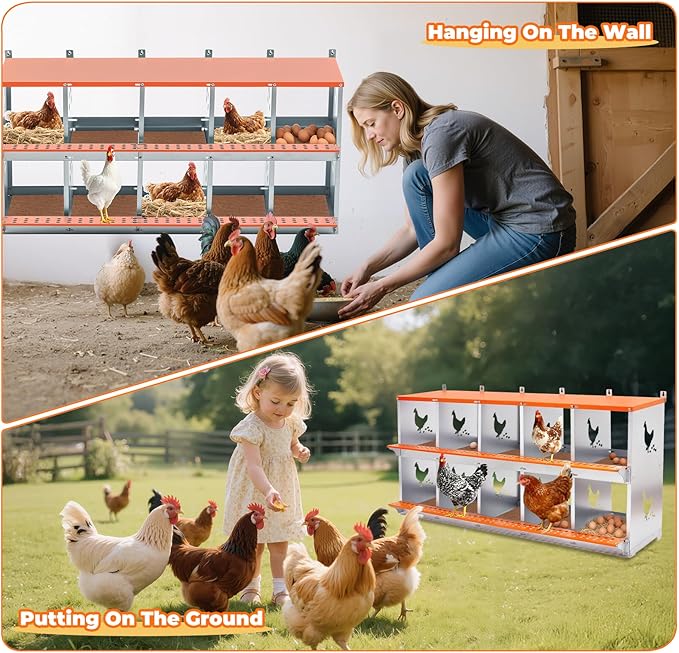 Chicken Nesting Box, 10 Compartment Metal Nesting Boxes for Chickens, Wall Mountable Chicken Laying Boxes, Easy Egg Collection, with Nesting Pads, Indoor & Outdoor Use, 53" L x 17" W x 25" H