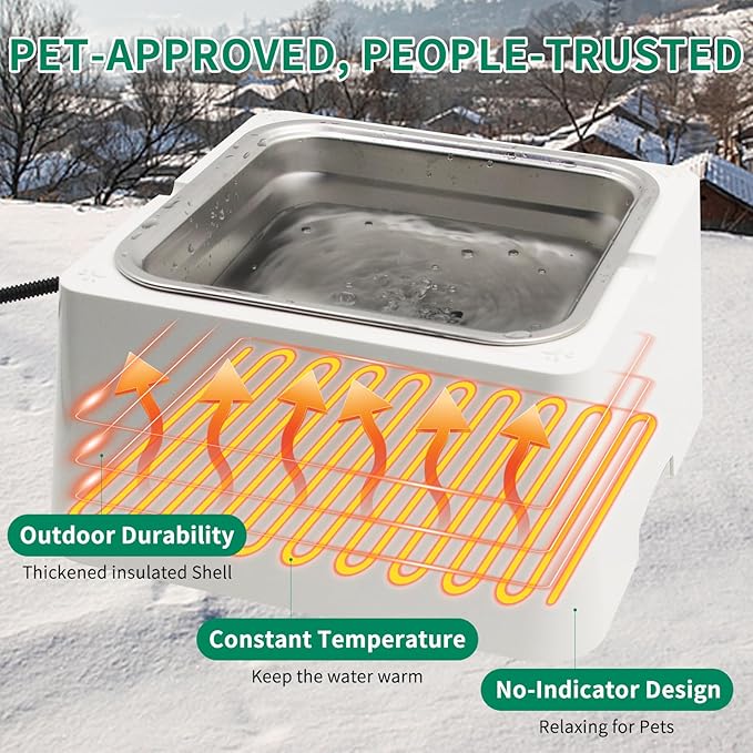 Heated Water Bowl for Dog & Cat Removable 110OZ/0.85 GAL Stainless Bowl Outdoor Pet Water Dish 100W Electric Powered with Thermostat (White)