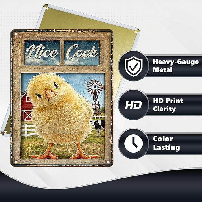 Funny Chicken Metal Signs Coop Decor Nice Cock Tin Signs Vintage Farmhouse Poster Rustic Wall Decor For Home Outdoor Farm Poultry House Cafe Bathroom Restroom Washroom Toilet 16 * 12 In
