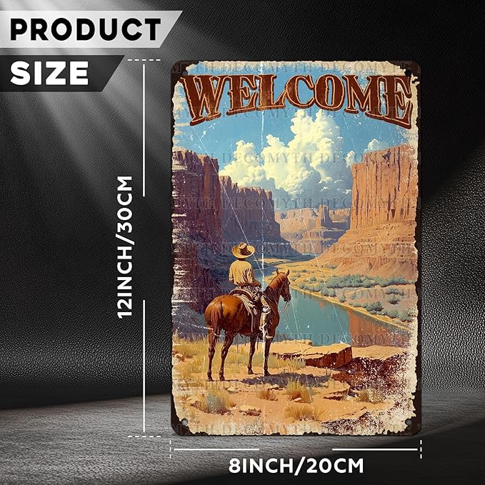Vintage Cowboy Tin Sign Welcome Retro Wall Decor Nostalgic Art Funny Metal Poster Bedroom Store Cafe Toilet Kitchen Bar Office Living Room Pubs Shop Farmhouse Man cave 12 * 8inch