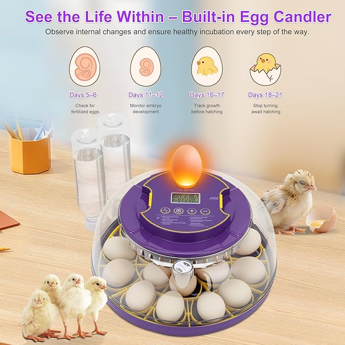 18 Egg Incubator for Hatching Eggs – With Automatic Egg Turning, Temp/Humidity Control, Egg Candler, Incubator Chicken, Duck, Goose, Quail, Parrot, Pigeon – For Home Farm Science Class Lab