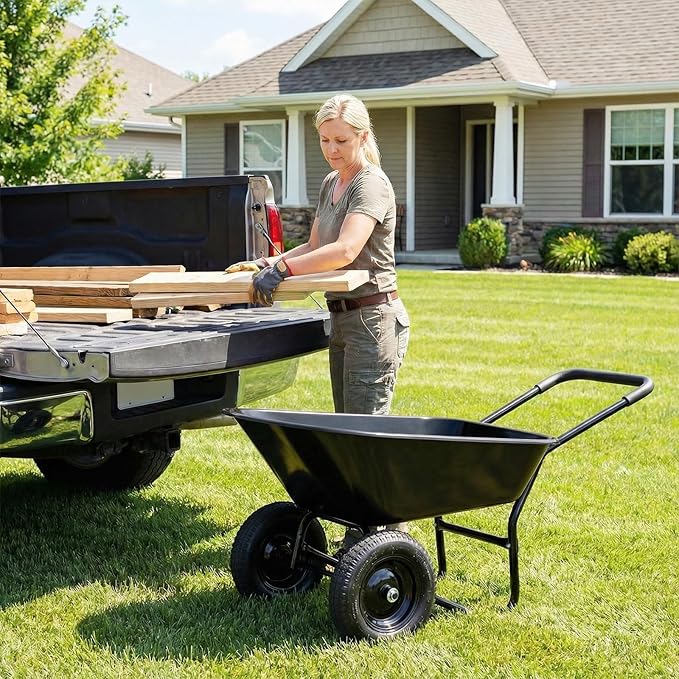 IRONMAX Dual-Wheel Wheelbarrow, Heavy Duty Wheel Barrel with All-Terrain Wheels, 330 LBS Utility Yard Cart with Built-in Stand, Outdoor Gardening Carts for Lawn, Farm, Planting (Black)