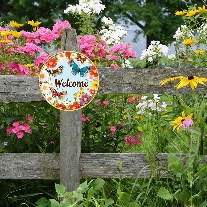 Round Metal Tin Sign Wreath Spring Flowers Butterflies Daisy Welcome Vintage Farmhouse Wall Decor for Front Door Porch Garden Home Outdoor 8x8inch