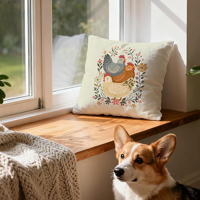 Rustic Floral Chicken Pillow Covers 18x18, Chicken Lover Lady Mom Gifts, Cottagecore Flower Farmhouse Hen Decorative Throw Pillow Covers for Home Bedroom Living Room, Set of 2