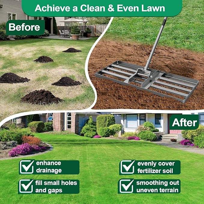 Lawn Leveling Rake, 30"x10" Heavy Duty Leveling Rake for Soil, Sand, Compost, Gravel, Steel Lawn Leveler with Adjustable Handle, Level Yard Tool for Backyard, Garden, Farm, Golf Course