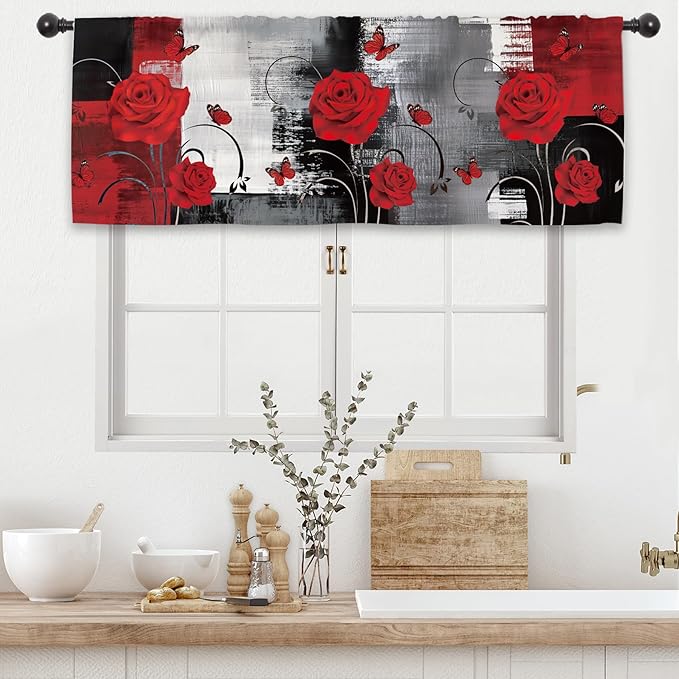 Black Red Rose Kitchen Curtain Valance 54W x 18L Inch Brushstroke Abstract Art Romantic Rod Pocket Short Cafe Small Window Treatment Drapes Decor