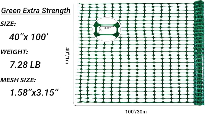 PotatoLife Plastic Mesh Fence, Extra Strength 40''x100' Roll with 50 Zip Ties, Resuable Temporary Netting for Garden Fencing, Snow Fencing, Animal Barrier, Poultry, Deer, Dog, Construction, Green