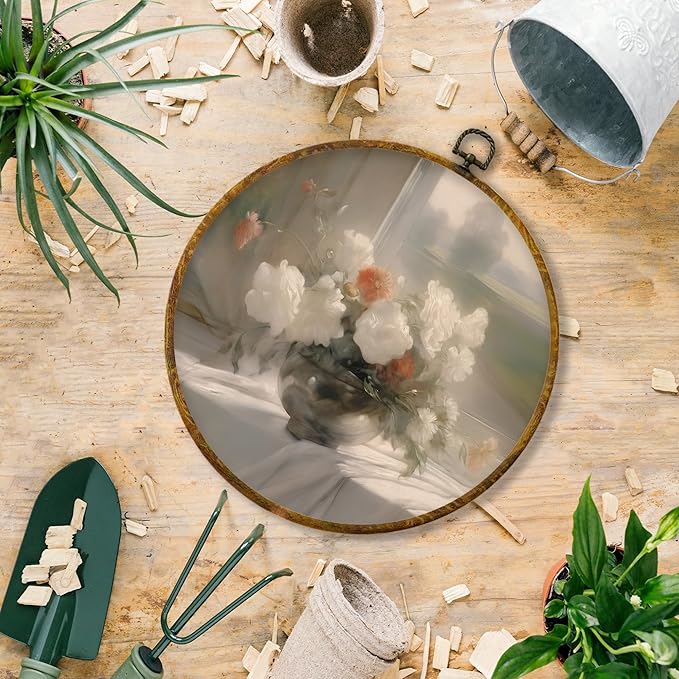 Hiuwevt Vintage Floral Round Wall Art Decor, Neutral Still Life Flower Framed Canvas Prints, Cottagecore Shabby Chic Round Wall Hanging Decor for Home Living Room Decorations, 10x10 Inches