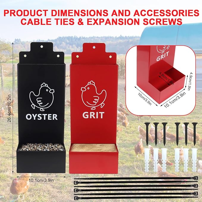 2 Pack Chicken Oyster Shell Feeder and Grit Feeder,1mm Thickness Metal Chicken Feeders for Hens and Chicks Wall Mounted, No Waste, Heavy Duty Poultry Supplies for Backyard Chickens, Ducks, Geese