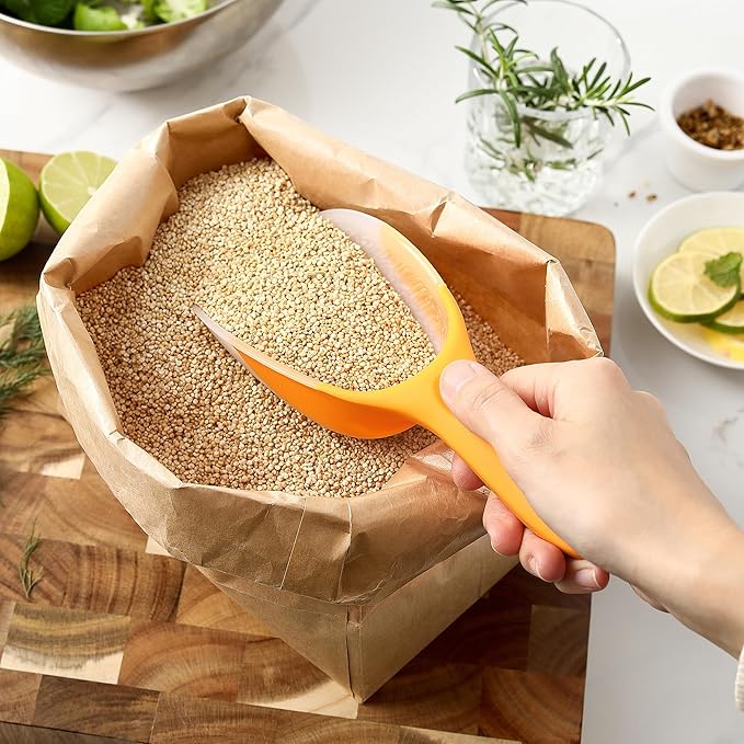 Spring Chef Magnetic Ice Scoop for Freezer Bin - Contoured Translucent Plastic Scoop with Soft Grip Handle - Kitchen Scoopers for Food, Ice Machine, Pet Food, Flour - Popcorn Scooper - 2 Pack - Mango