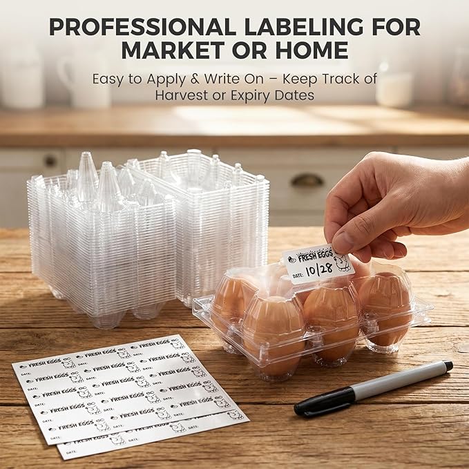 HANSGO 60 PCS 6 Count Plastic Egg Cartons Bulk, with 60PCS Date Labels, Clear Stackable Egg Holder for Fresh Medium Eggs Storage, Perfect for Farm, Family, Markets Display