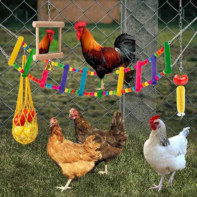 9 Pack Chicken Toys for Coop Accessories - Chicken Xylophone Toy, Chicken Mirror, Chicken Ladder Bridge, Coop Swing, Vegetable Hanging Chicken Feeder, Chewing Foraging Toys, Gifts for Hens